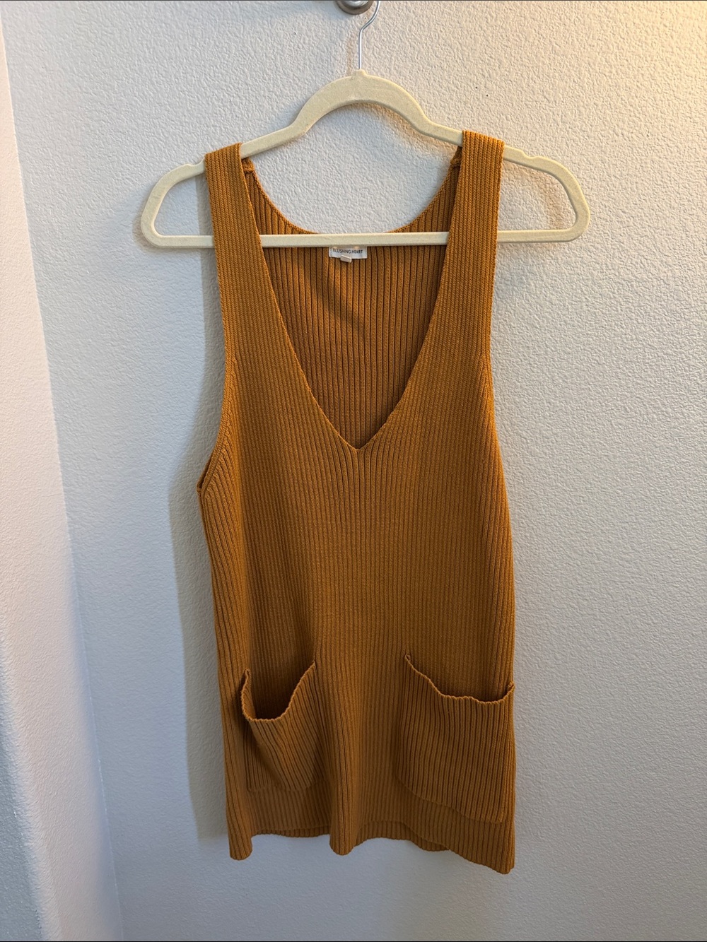 Ribbed Sleeveless V-Neck Pocket Sweater Tunic - Mustard